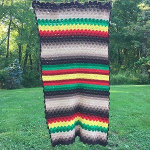 VTG Crocheted Afghan Throw Blanket Boho Striped Dorm Decor Handcrafted